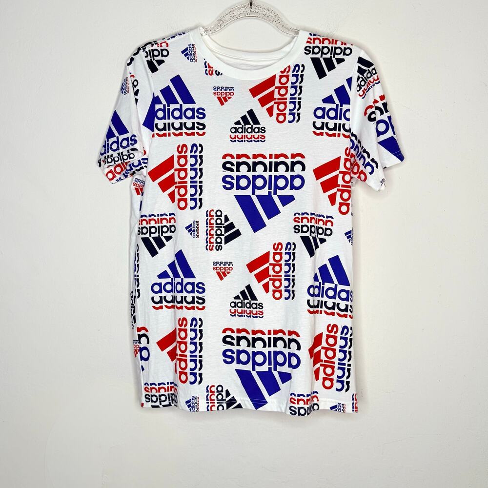 Adidas Youth Large 14/16 Logo Print T Shirt White Red Blue Graphic Tee Athletic